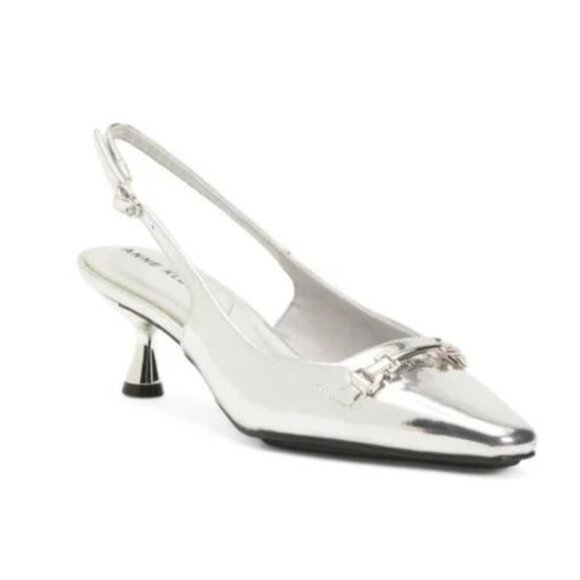 NWT ANNE KLEIN Silver Metallic Finish Tilan Slingback Kitten Heels - Picture 2 of 11